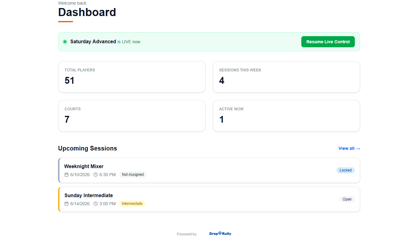 DropNRally club dashboard showing player count, active sessions, and upcoming sessions