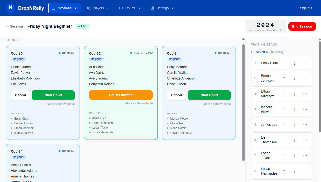 DropNRally live control screen showing court assignments and the waiting queue
