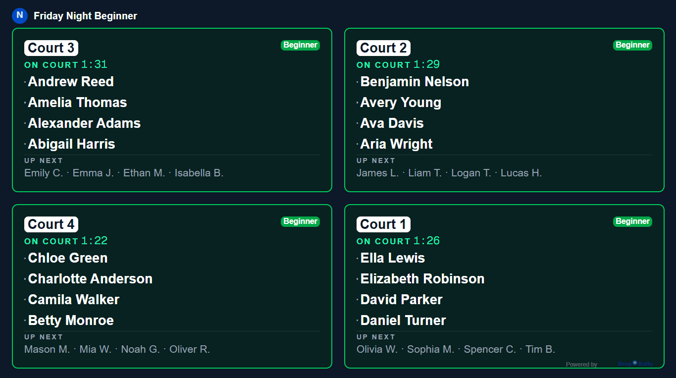DropNRally real-time court display showing current matches and the up-next queue on a club TV screen